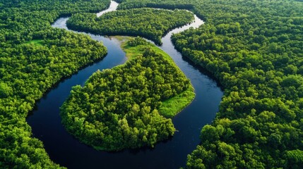 A stunning aerial view of a dense green forest with a winding blue river, creating a beautiful and peaceful natural landscape.