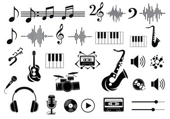 Diverse collection of musical instruments symbols and elements featuring notes and sound waves