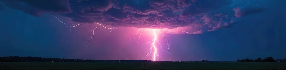 Dramatic image of a powerful thunderstorm with a bright lightning bolt striking the ground, illuminating the dark sky and landscape A stunning display of nature's raw power , tempest, fearsome