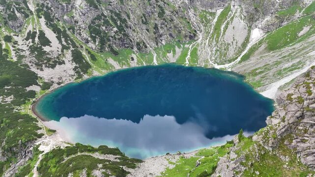 Aerial footage of Czarny Staw pod Rysami in Tatra Mountains, Poland