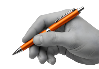 A human hand, desaturated in tone, firmly holds a striking orange writing instrument, poised for creative or professional tasks, on a pure white backdrop.