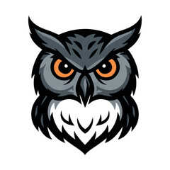 Front view of an owl head with bright orange eyes on white