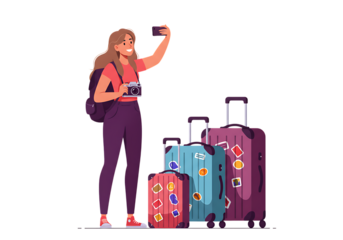 Young woman with suitcase and luggage cartoon illustration for travel and business