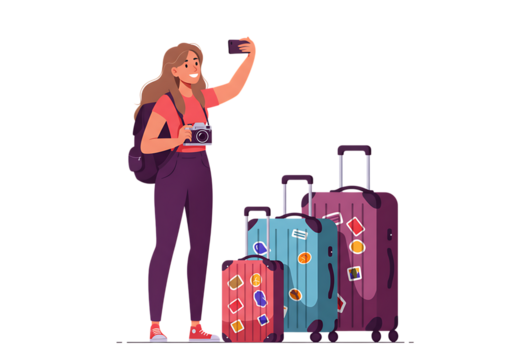 Young woman with suitcase and luggage cartoon illustration for travel and business