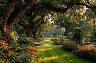 Fototapeta premium Lush, sun-dappled garden pathway winding through diverse flora, framed by ancient trees, evoking serenity and natural beauty