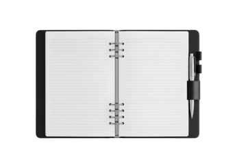 Open professional ring-bound notebook with crisp blank lined pages and a pen, isolated on white. Ideal for business notes, academic studies, or personal ideas.