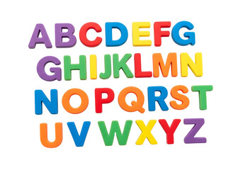 Colorful Magnetic Alphabet Letters Neatly Arranged on a Pure White Background, Perfect for Engaging Young Children in Early Literacy and Educational Play.