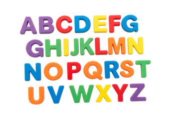 Colorful Magnetic Alphabet Letters Neatly Arranged on a Pure White Background, Perfect for Engaging Young Children in Early Literacy and Educational Play.
