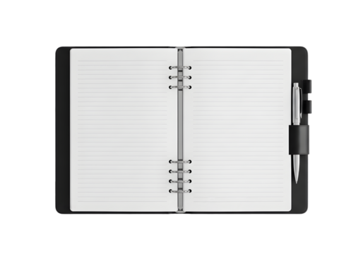 Open professional ring-bound notebook with crisp blank lined pages and a pen, isolated on white. Ideal for business notes, academic studies, or personal ideas.