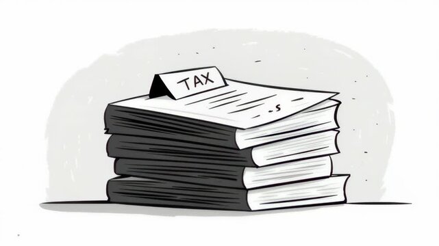 Monochrome Illustration of Stacked Papers with Tax Documents and Line Art Design