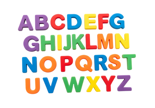 Colorful Magnetic Alphabet Letters Neatly Arranged on a Pure White Background, Perfect for Engaging Young Children in Early Literacy and Educational Play.