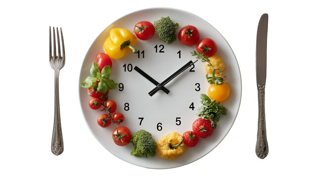 A creative arrangement of vegetables and eggs on a plate forming a clock, with a fork and knife on the sides.
