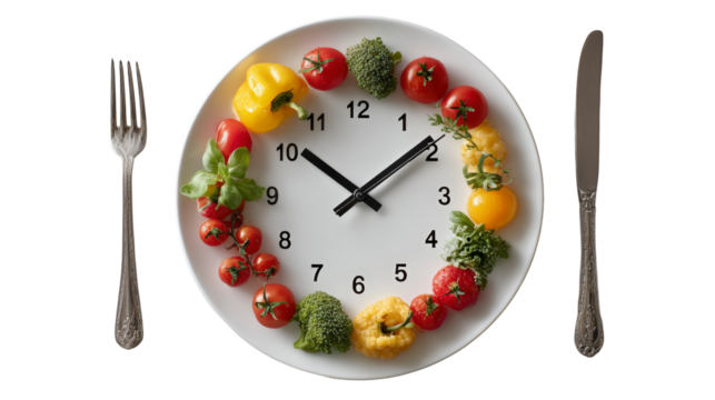 A creative arrangement of vegetables and eggs on a plate forming a clock, with a fork and knife on the sides.