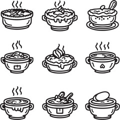 French Onion Soup Black Line Editable Icons set