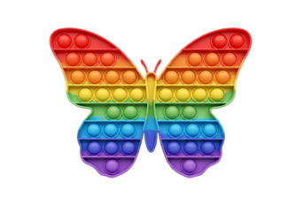 Vibrant and captivating, this rainbow-colored butterfly pop-it toy offers tactile satisfaction and stress relief, a playful sensory tool for all ages, promoting calm and focus.