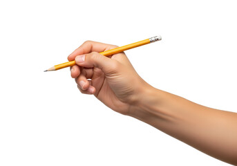 A human hand poised to write, holding a classic yellow wooden pencil with an eraser, embodying precision, creativity, and the essence of traditional art or learning.