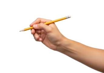 A human hand poised to write, holding a classic yellow wooden pencil with an eraser, embodying precision, creativity, and the essence of traditional art or learning.