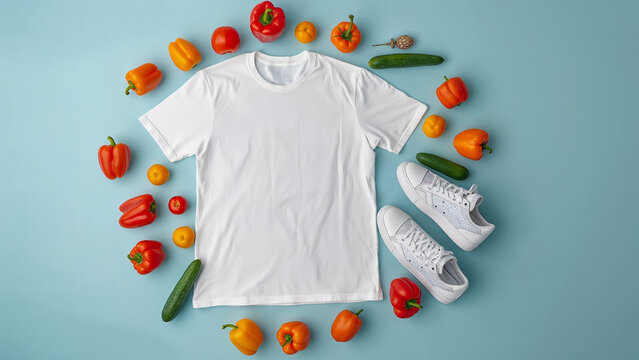 Fresh produce and trendy footwear surrounding a white t-shirt on a pastel blue surface,A modern flat lay composition featuring a blank t-shirt, organic vegetables, and stylish sneakers