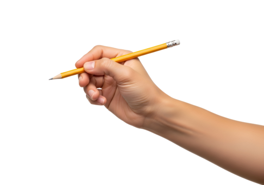 A human hand poised to write, holding a classic yellow wooden pencil with an eraser, embodying precision, creativity, and the essence of traditional art or learning. - Powered by Adobe