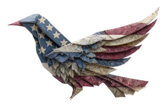 Intricately folded origami bird featuring the pattern of the American flag with stars and stripes in red, white, and blue.