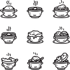 French Onion Soup Black Line Editable Icons set