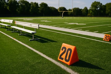 Merican football field with yard lines and benches for team sports on transparent background
