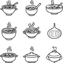 French Onion Soup Black Line Editable Icons set