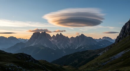 Stunning mountain landscape under a dramatic sky with a unique cloud formation at sunset