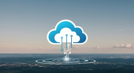 Cloud computing concept with data transfer over city landscape for modern technology solutions