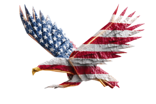 Digital artwork of an eagle in flight, creatively designed with the American flag, symbolizing freedom and patriotism.