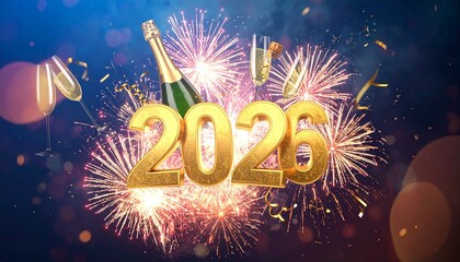 hiperrealista y festiva del texto “2026” en gran formato 3D, con un estilo elegante y brillante, como hecho de oro pulido y reflejante. Año nuevo