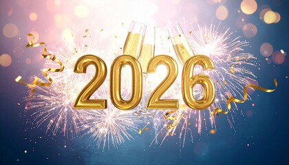 hiperrealista y festiva del texto “2026” en gran formato 3D, con un estilo elegante y brillante, como hecho de oro pulido y reflejante. Año nuevo