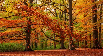 Obraz premium Picturesque autumn forest landscape with vibrant foliage and falling leaves showcasing the beauty