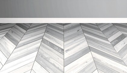 Stylish herringbone parquet flooring displays a muted palette of gray and white tones, creating a modern and sophisticated interior design.