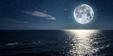 Full moon shining brightly over the ocean at night under a starry sky