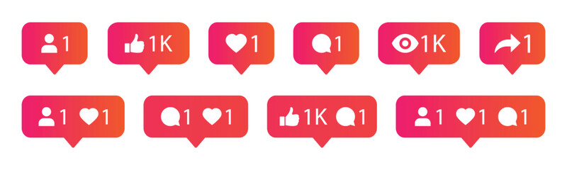 Set of vector social media notification icons with vibrant color love, comment and views count