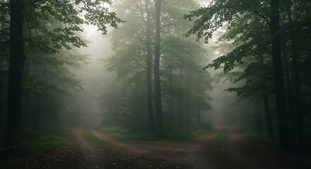 Fototapeta premium This beautiful landscape is a study in light and atmosphere. The misty forest is filled with a soft, diffused light that creates a sense of peaceful wonder.