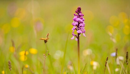 A vibrant purple orchid stands tall amidst a meadow of wildflowers, showcasing soft focus and a gentle spring aesthetic.