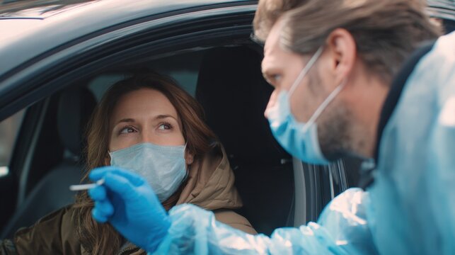 Focused medium shot of a patient sitting in a car with head tilted slightly back while a masked technician approaches with a swab capturing the cautious interaction during avian