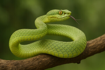 Fototapeta premium Vibrant green wagler's pit viper with bright orange eyes and a forked tongue, a magnificent and rare reptile gracefully coiled on a branch in a natural setting