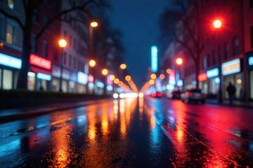Obraz premium Dynamic City Nightscape Illuminated Streets Reflecting in Wet Pavement, Blurred Lights, Vibrant Urban Energy