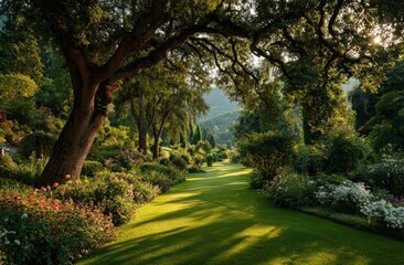 Fototapeta premium Sunlight filters through ancient trees, illuminating a lush green lawn leading to a distant, rolling hillside. A vibrant garden flourishes on either side
