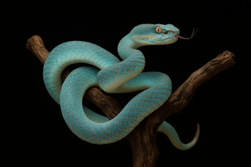 Fototapeta premium Beautiful blue insularis white-lipped pit viper resting peacefully on a winding tree branch, its striking scales and orange speckles standing out against a black background