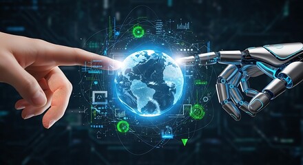 Human hand and robotic arm touching a glowing blue globe with circuit board background