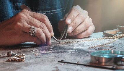 Close up photo of hands creating handmade jewelry, carefully assembling beads and charms at a crafting table