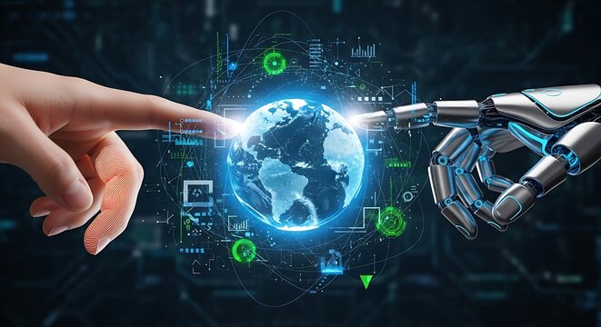 Human hand and robotic arm touching a glowing blue globe with circuit board background