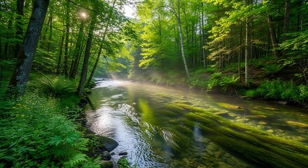 Obraz premium Sunlit river flows gracefully through a vibrant green forest evoking nature's tranquility