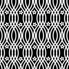Raster illustration. black and white overlapping wavy lines with tiny flowers seamless repeat pattern. Best for kids apparel, home decor and textiles.