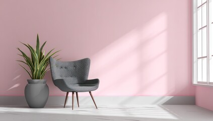 A minimalist interior with a pink wall, gray chair, and potted plant.