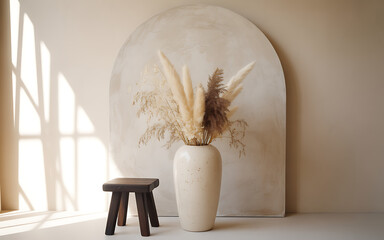 Naklejka premium Cream vase with dried grasses against arched wall and stool